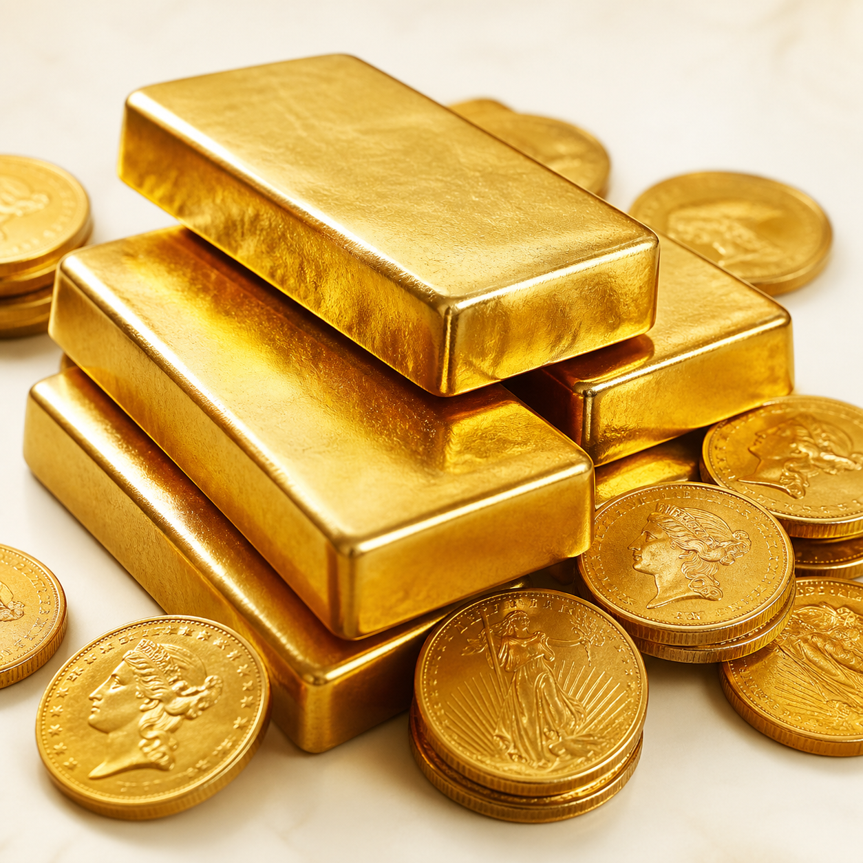 Goldbarren und Goldmünzen